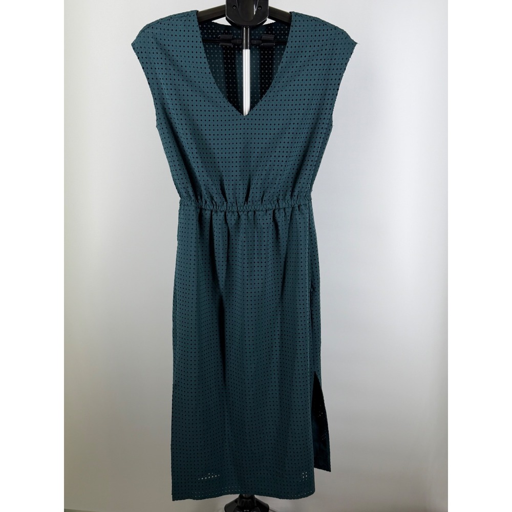 J.Crew Teal Green Eyelet Laser Cut V-Neck Midi‎ Dress Elastic Waist Size 4